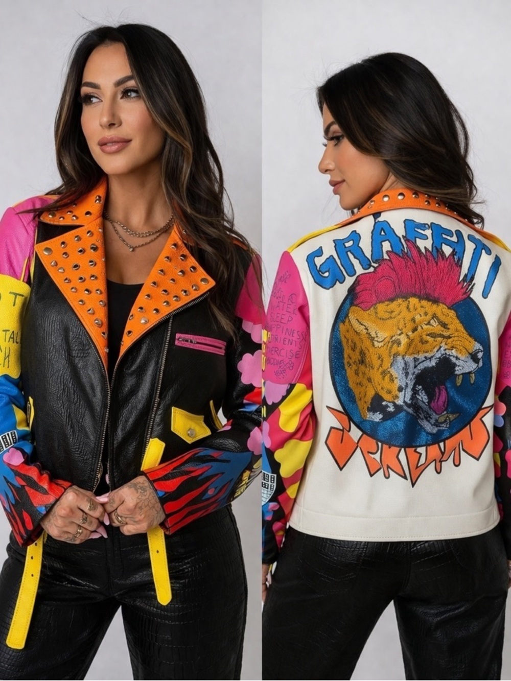 Bold Azalea Wang “Graffiti Kisses” Leather Moto Jacket Large - Picture 2 of 16
